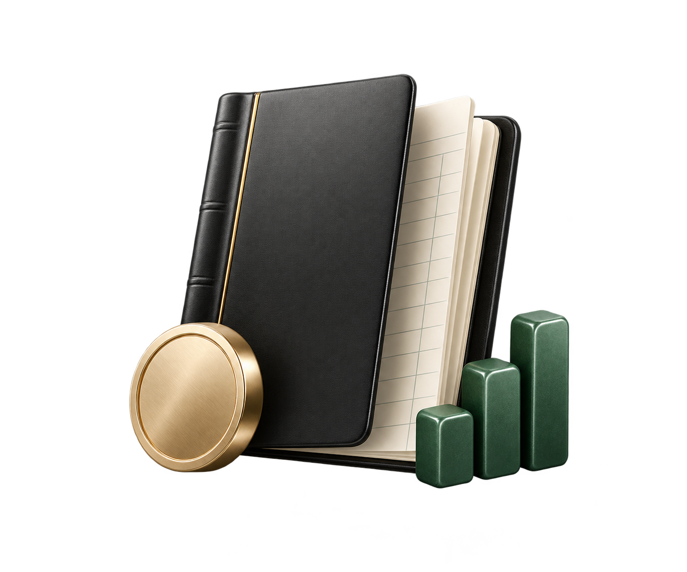 A charcoal ledger, a gold coin and a small green cashflow motif